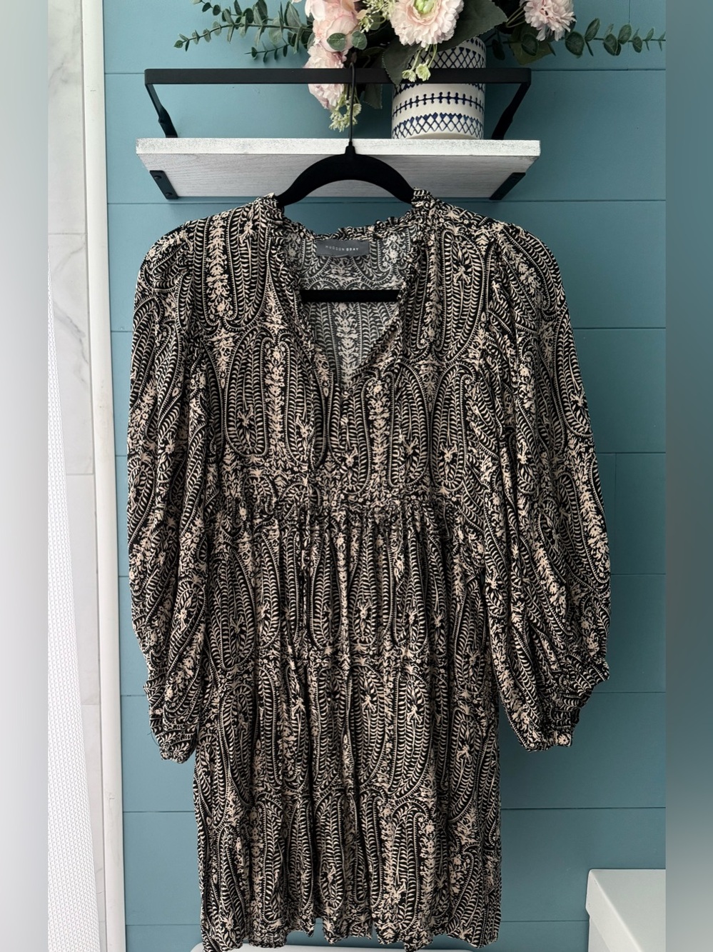 Hudson Gray Black Cream Paisley Boho Prairie Puff Sleeve Mini Dress Small